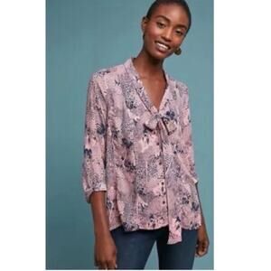 Anthropologie Colloquial Neck Tie Blouse pink woodland castle forest print sz 4